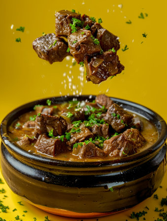 Succulent Slow Cooked Beef Stew with Herb Garnish on Yellow Background AI Generativeの素材