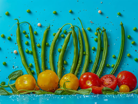 Fresh Organic Green Beans, Vibrant Lemons, and Juicy Tomatoes Arranged on a Bright Blue Background AI Generativeの素材