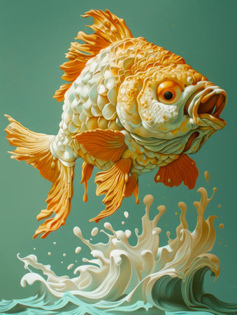 Vibrant Golden Fish Illustration with Dynamic Water Splash on Teal Background AI Generativeの素材