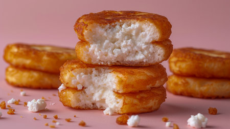 Freshly Baked Golden Brown Hash Browns Stacked on a Soft Pink Background AI Generativeの素材