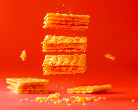 Levitating Crispy Wafers on Vibrant Red Background with Falling Crumbs Motion and Still life Conceptual Photography AI Generativeの素材