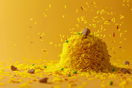 Vibrant Yellow Powder Explosion with Colorful Sprinkles on Golden Background for Festive Celebration Concepts AI Generativeの素材