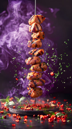 Grilled Spicy Chicken Skewers with Herbs and Smoke on Dark Dramatic Background, Delicious BBQ Concept AI Generativeの素材