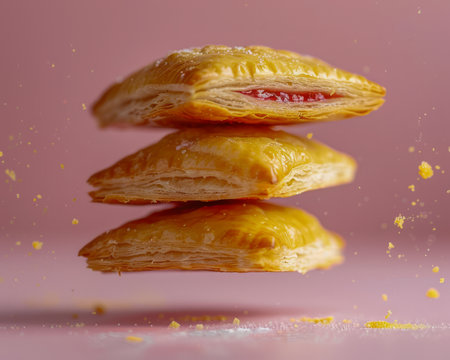 Freshly Baked Golden Puff Pastries with Sweet Jam Filling on a Soft Pink Background with Crumbs AI Generativeの素材