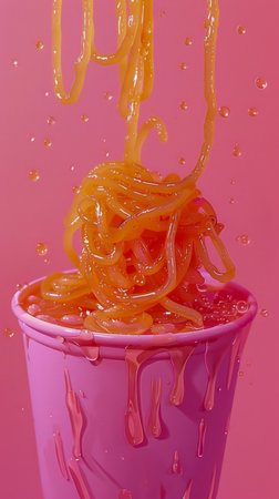 Vibrant Pink Cup Overflowing with Juicy Orange Honey Splash on a Bright Pink Background AI Generativeの素材
