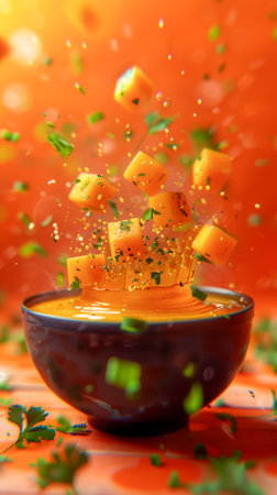 Vibrant Bowl of Fresh Diced Mango Splash on Red Background with Droplets and Herbs AI Generativeの素材