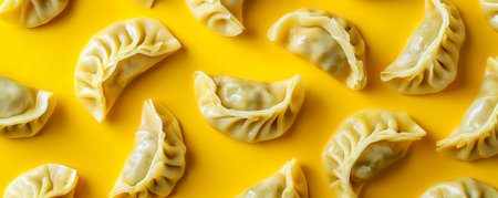 Top View of Fresh Homemade Dumplings Arranged on a Vivid Yellow Background for Asian Cuisine Theme AI Generativeの素材