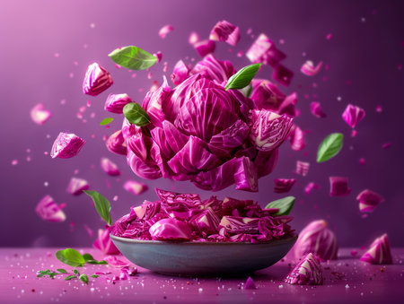 Artistic Composition of Magenta Rose Petals Shattering over Purple Background with Floating Leaves AI Generativeの素材