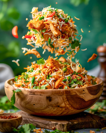 Delicious Spicy Chicken Biryani Soaring from Wooden Bowl on a Rustic Table with Vibrant Green Background, Traditional Indian Cuisine Concept AI Generativeの素材