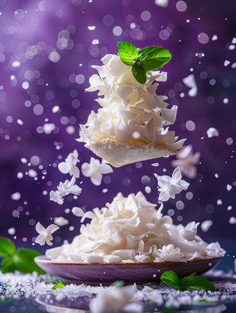 Levitating Pasta in a Magical Display of Italian Cuisine with Falling Parmesan and Basil Leaves on Purple Backdrop AI Generativeの素材