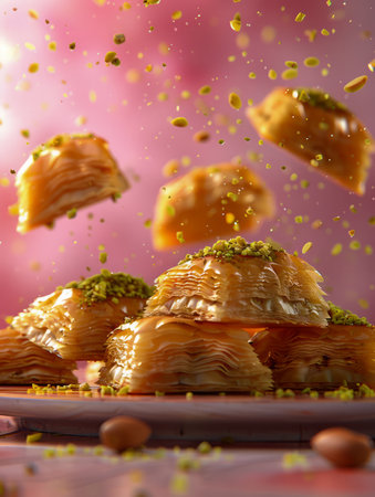 Delicious Traditional Baklava Dessert with Honey and Nuts Falling, Sweet Mediterranean Pastry on Pink Background AI Generativeの素材