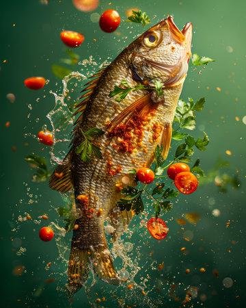 Fresh Whole Fish with Herbs and Cherry Tomatoes Levitating on Green Background, Creative Seafood Concept AI Generativeの素材