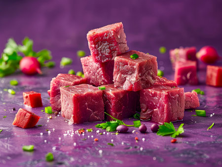 Fresh Raw Beef Cubes with Herbs and Spices on Textured Purple Background for Gourmet Cooking AI Generativeの素材