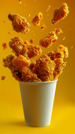 Tasty Fried Chicken Pieces Levitating Above Paper Cup Against Vibrant Yellow Background AI Generativeの素材