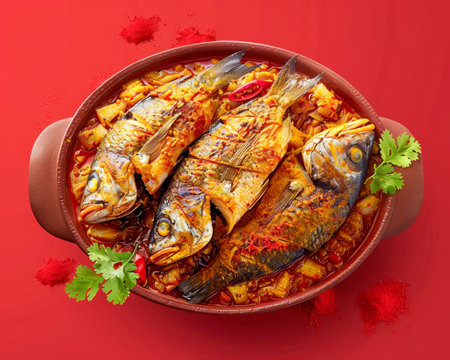 Delicious Spicy Grilled Fish with Herbs and Chili on Red Background Traditional Cuisine AI Generativeの素材