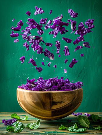 Vibrant Flying Purple Cabbage Pieces Above Wooden Bowl on Green Background in Freeze Motion Concept AI Generativeの素材
