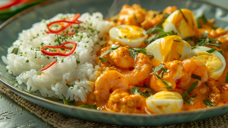 Spicy Shrimp and Quail Eggs Curry with Rice on a Rustic Table, Homemade Asian Cuisine Concept AI Generativeの素材