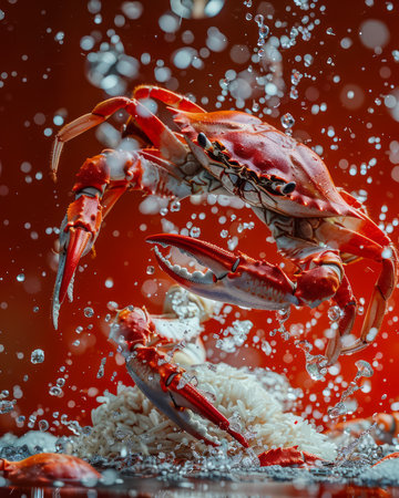 Vibrant Fresh Crab Suspended in Splashing Water with Vivid Red Color Against Abstract Background AI Generativeの素材