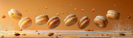 High Speed Photography of Almonds in Motion Against Warm Toned Background, Suspended Nuts with Dynamic Drops AI Generativeの素材