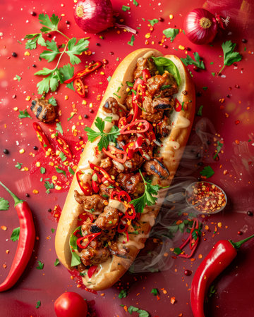 Spicy Grilled Sausage Sandwich with Fresh Vegetables and Hot Sauce on Red Background AI Generativeの素材