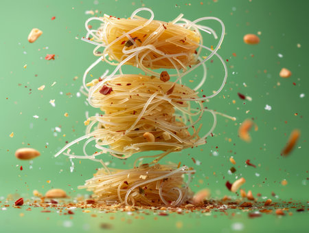 Levitating Spaghetti Pasta Swirl with Flying Ingredients on Green Background Italian Cuisine Concept AI Generativeの素材
