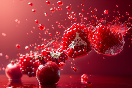Fresh Pomegranate Seeds Bursting with Juice Against Deep Red Background in High Speed Photography AI Generativeの素材