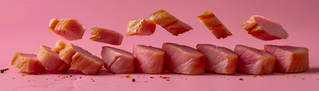 Colorful Assorted Candy Pieces Falling Against Pink Background with Dynamic Motion and Sweet Snack Concept AI Generativeの素材