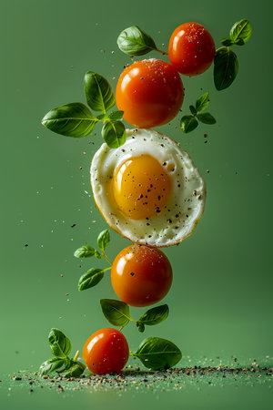 Creative Levitating Breakfast Concept with Tomato, Basil, Fried Egg on Green Background AI Generativeの素材