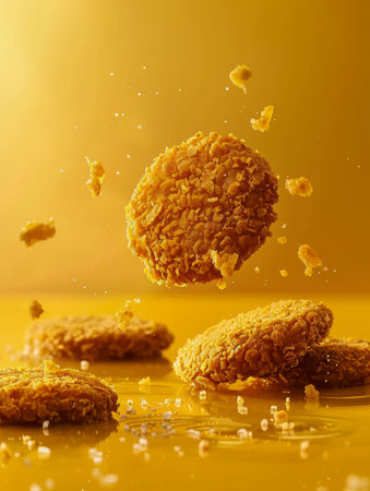 Floating Sesame Cookies with Crumbling Pieces on Vibrant Yellow Background Delicious Biscuits Mid Air AI Generativeの素材