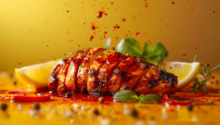 Delicious Grilled Chicken Breast with Lemon Wedge and Basil on Vibrant Yellow Background AI Generativeの素材