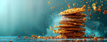 Dynamic Stack of Crispy Golden Cookies with Crumbs Flying on Vibrant Blue Background AI Generativeの素材