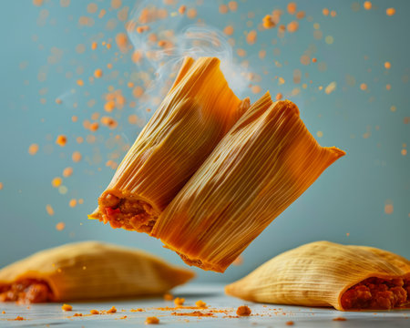 Floating Stacked Tamale with Corn Husk and Filling Over Blue Background with Falling Spices AI Generativeの素材