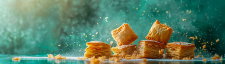Delicious Flaky Pastries On Wooden Surface With Golden Powder Explosion In Teal Background AI Generativeの素材