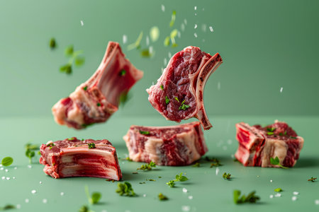Fresh Raw Lamb Chops Sprinkled with Seasonings Levitating Against Green Background with Copy Space AI Generativeの素材