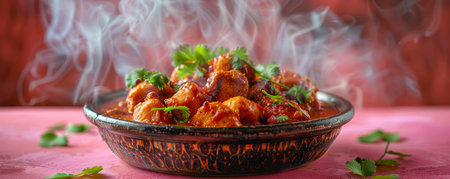 Delicious Spicy Chicken Tikka Masala in Traditional Bowl with Smoke and Fresh Coriander on Red Textured Background Authentic Indian Cuisine AI Generativeの素材