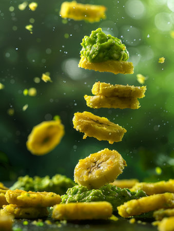 Fresh Sliced Avocado and Crumbled Breaded Chicken Falling with Crumbs and Particles Suspended in Air Against a Soft Bokeh Background AI Generativeの素材