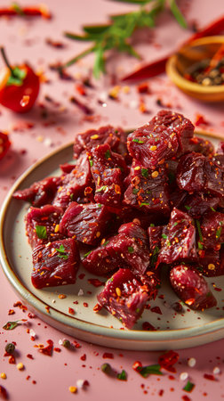Spicy Korean style Marinated Raw Beef Dish on Elegant Plate with Seasonings and Fresh Herbs on Pink Textured Background AI Generativeの素材