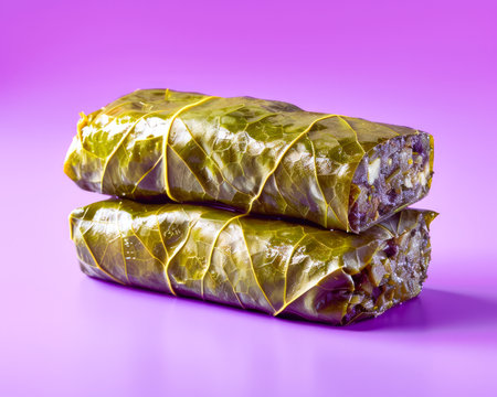 Traditional Stuffed Grape Leaves Dish on Vibrant Purple Background, Authentic Mediterranean Cuisine Concept AI Generativeの素材