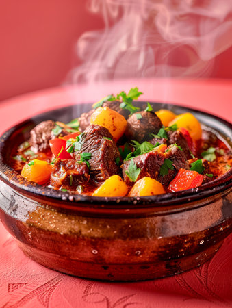 Savory Hot Beef Stew with Potatoes, Carrots, and Fresh Herbs in a Traditional Clay Pot on a Red Background with Steam Rising AI Generativeの素材