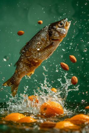 Freshwater Fish Jumping Out of Water Surrounded by Oranges and Almonds on Vibrant Green Background AI Generativeの素材