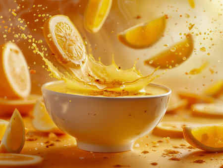 Fresh Citrus Explosion Vibrant Orange Slices and Juicy Splash in Bowl on Gleaming Warm Background AI Generativeの素材