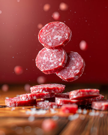 Close Up of Sliced Salami Levitating Against a Dark Red Background with Visible Spice Particles in the Air AI Generativeの素材