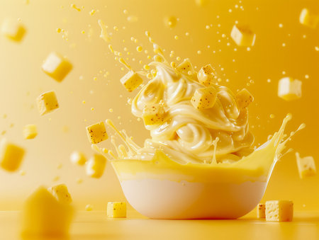High Speed Photography of Splashing Milk and Flying Cheese Cubes on a Vibrant Yellow Background AI Generativeの素材