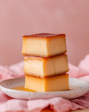 Delicious Homemade Caramel Flan Dessert Stacked on a Plate with Sweet Syrup Against a Soft Pink Background AI Generativeの素材