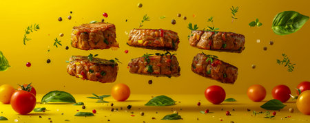 Delicious Italian Grilled Chicken with Fresh Basil, Cherry Tomatoes, and Spices Floating Levitation against Vibrant Yellow Background AI Generativeの素材