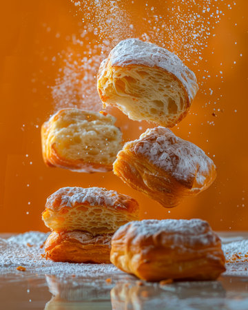 Freshly Baked Puff Pastries with Dramatic Powdered Sugar Topping on Vibrant Orange Background AI Generativeの素材