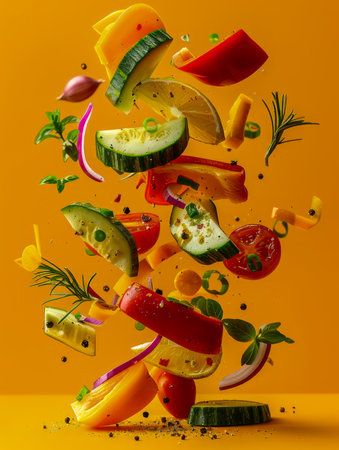 Vibrant Floating Salad Ingredients on Orange Background Fresh Vegetables and Herbs in Mid Air AI Generativeの素材
