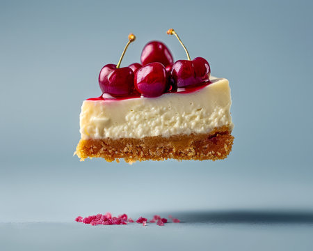 Fresh Cherry Cheesecake Slice Floating Mid Air with Crumbled Crust on Cool Grey Background AI Generativeの素材