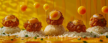 Delicious Fried Quail Eggs in Crispy Nest Garnished on Fluffy Rice with Yellow Sauce Droplets Background AI Generativeの素材