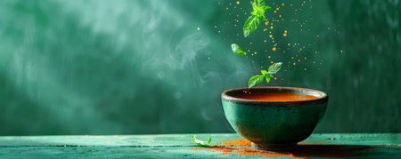 Ceremonial Matcha Tea with Whisked Green Powder and Vibrant Leaves Splashing in Zen Setting AI Generativeの素材